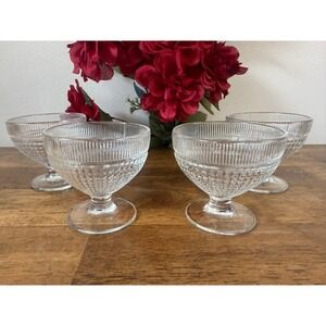 Vintage Pressed Glass Dessert Cups Set Diamond Point Sherbet Bowls Pedestal